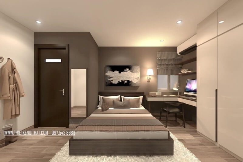 Trang trí nội thất phòng ngủ chung cư ấn tượng với mẫu giường ngủ hiện đại màu nâu ấm áp